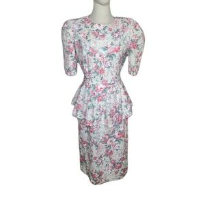 Vtg 80s Retro Peplum Dress 13 Junior Floral Romantic Cottagecore Midi Cotton